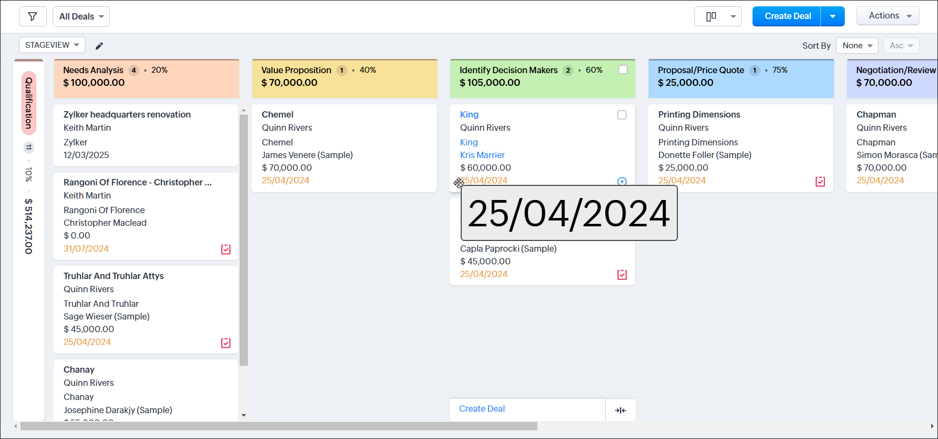 For example, Alex is looking at all the deals in a kanban view. He uses the magnify text on hover option to get a clearer look at the closing date of a deal. 