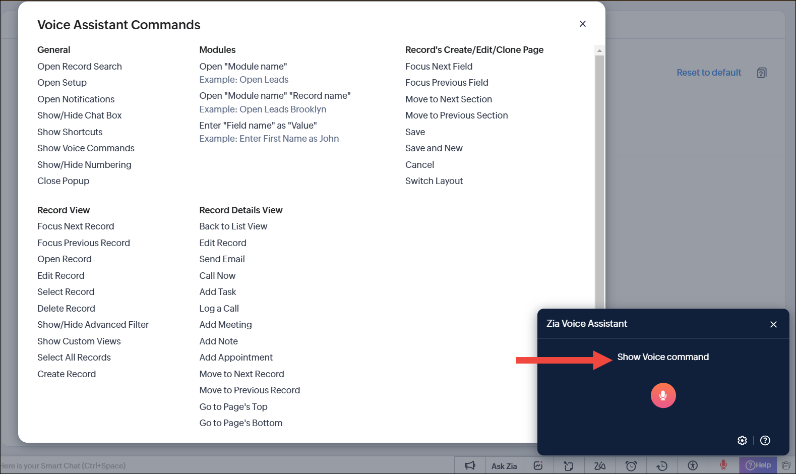 The commands will be listed in a popup called Voice Assistant Commands.