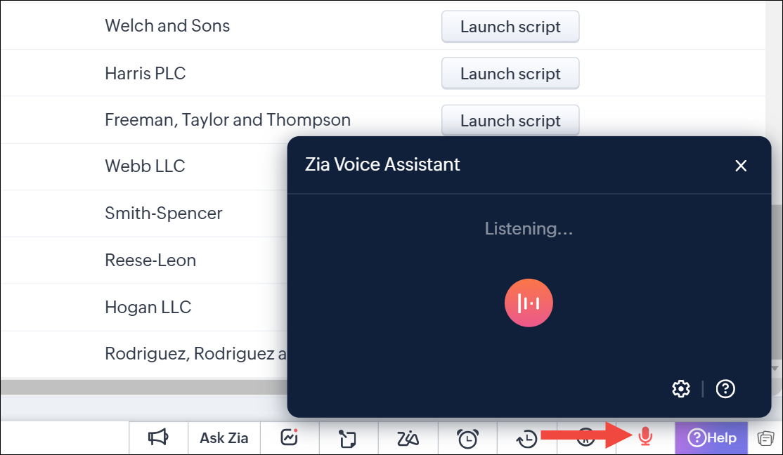 For example, when the user has pressed the microphone icon, Zia Voice Assistant popup appears and it listens for the voice command.