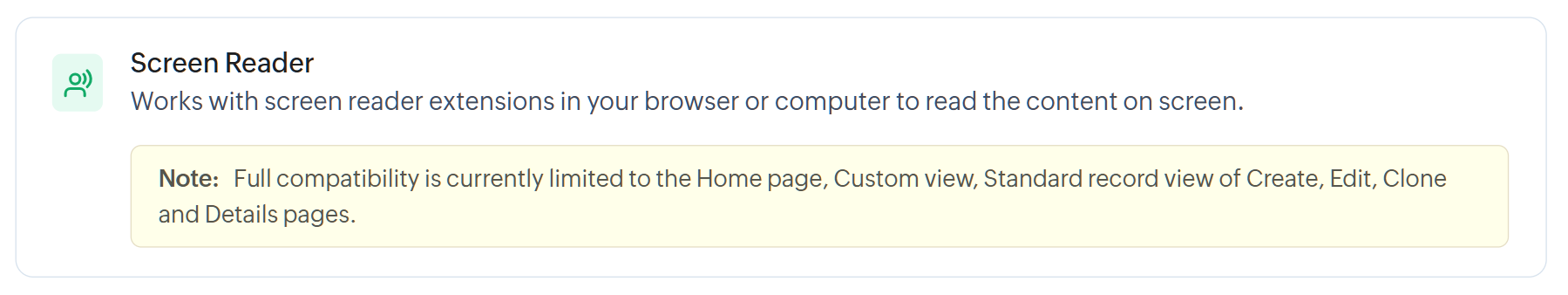 Screen reader support is mentioned in the list of controls, but there is no configuration to be made by the user.
