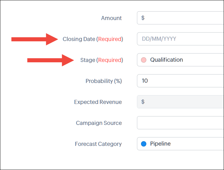 For example, among many fields that need to be filled to create a deal, the closing date and stage fields have a clear label called required after their names.